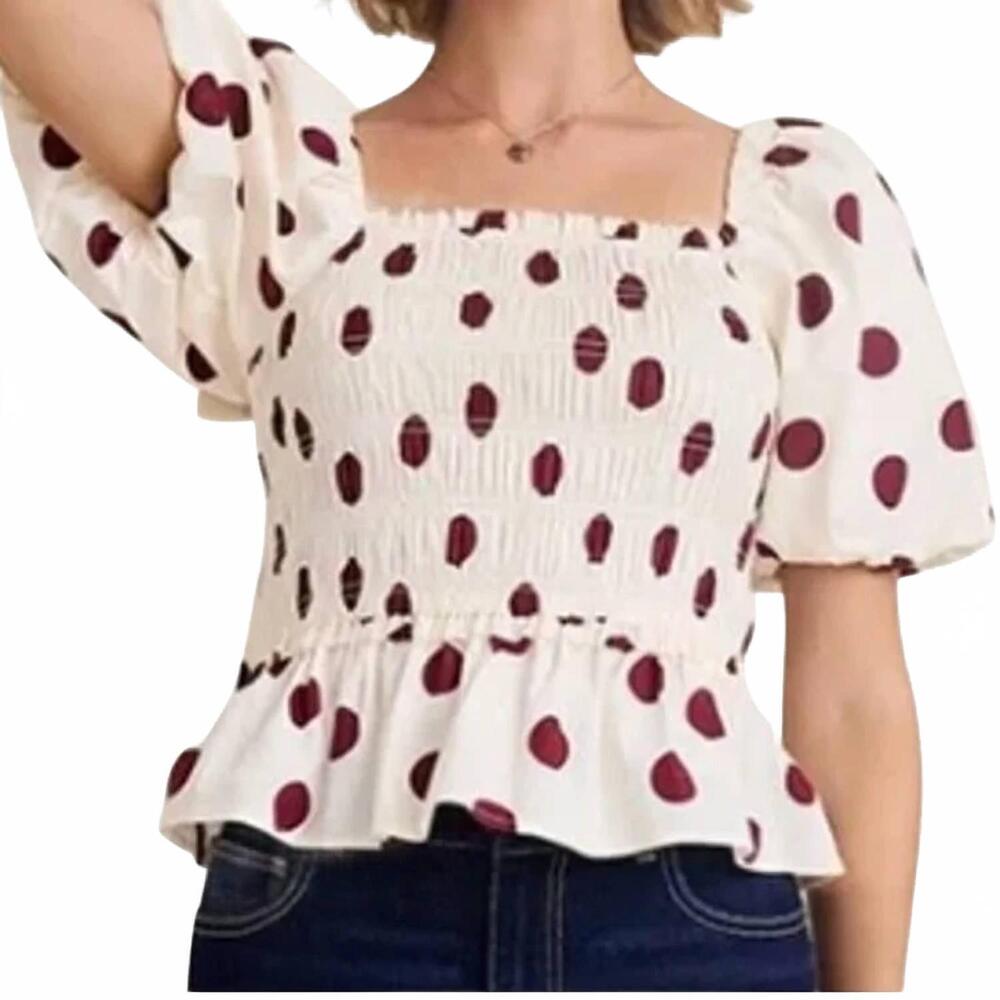 NEW FRANCESCA'S polka dot stretch cotton smocked top in cream burgundy